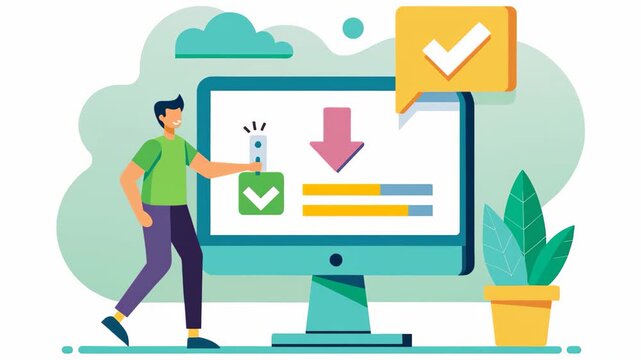 Man Standing in Front of Computer Screen With Check Mark, download button on the computer screen and the person transferring the file trending, Simple and minimalist flat 2d Animation