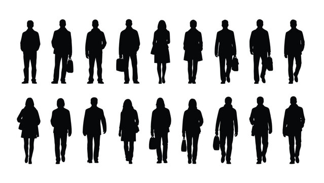 Business People Silhouettes Set. Vector Illustration of Walking and Standing Men and Women Figures for Architectural Drawings, Urban Planning, and Design Projects.