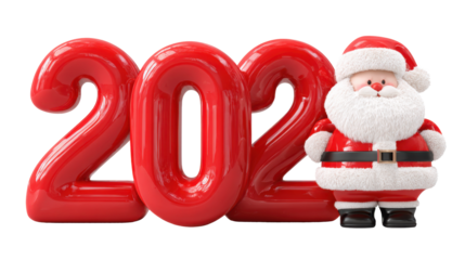 3D Santa Claus character with red text "2026", isolated, New Year concept. Vector illustration of Santa Claus figure and big numbers for holiday greeting card or poster design for New Year's party.
