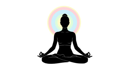 Meditating woman silhouette with rainbow aura, promoting inner peace, mindfulness, and yoga practice for wellness
