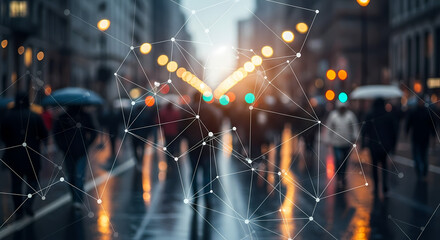 A network of interconnected data points overlays a blurry street scene with pedestrians, symbolizing digital connectivity and urban life.