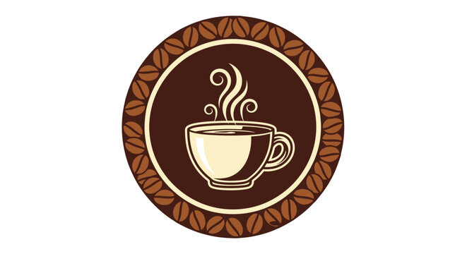Steaming coffee cup logo design, perfect for cafes, coffee shops, and restaurant branding with roasted coffee beans around it