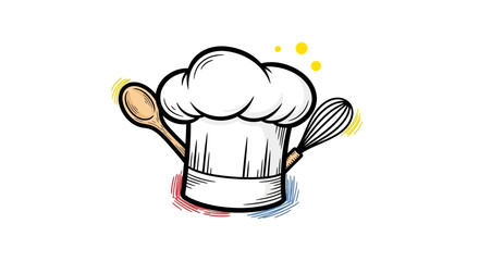 Chef hat with wooden spoon and whisk, perfect for culinary blogs, recipe cards, or restaurant branding, a delightful touch of kitchen charm.