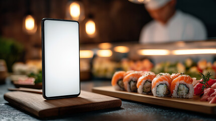 Smartphone with blank white screen placed beside sushi rolls on wooden counter in warmly lit Japanese restaurant setting.
