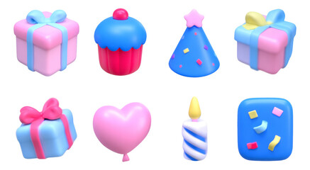 Obraz premium Colorful Collection of Party Icons with Gifts, Cupcakes, Balloons, and Candles