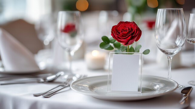 Elegant restaurant table setting with red rose centerpiece in glass vase on white plate surrounded by wine glasses and candlelight.