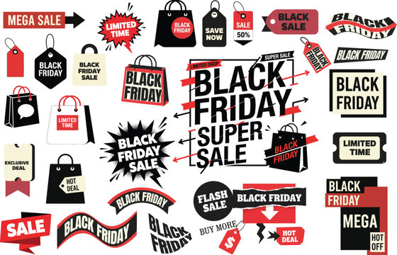 Ultra Stylish big pack of Black Friday Sale Flat Vector Set – Modern Badges, Tags, Strips, Bags and Typography Designs 2026 Trend. Perfect for banners, posters, online stores and marketing campaigns