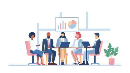 Obraz premium Diverse team of professionals collaborating around a table in a modern office meeting room with charts displayed on a screen