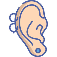 An Illustration of a Human Ear with Blue Outline and Multiple Piercings Against a Transparent Background Representing Hearing and Auditory Health