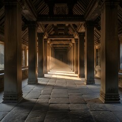 Symmetrical View of Long Corridor in Ancient Temple – Architecture Interior