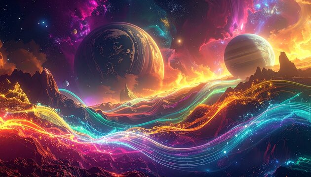 Immersive cosmic dreamscape where pulsating neon energy flows intertwine beneath majestic celestial bodies, creating a vibrant spectacle of light and color across a fantastical abstract landscape