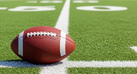 A classic American football sits poised on the meticulously marked green turf of a stadium, awaiting the thrilling start of a competitive game