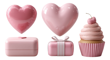 Pink Heart Balloon, Love Heart, Gift Box, and Cupcake Illustration on Transparent Background