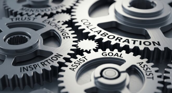 The intricate mechanics of business success visualized through interlocking metal gears representing teamwork, strategy, and goals