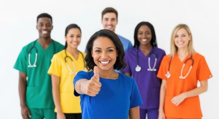 A diverse and happy team of medical professionals in colorful scrubs standing together, with a female leader giving a thumbs up