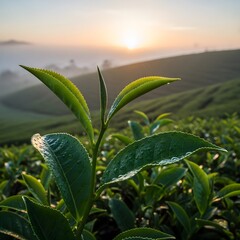 Close-Up of Fresh Tea Leaves With Morning Fog – Natural Landscape