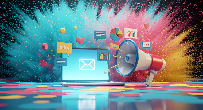 A vibrant digital marketing campaign is illustrated by a laptop with an email icon, a megaphone, and colorful graphics against an explosion of color. - Powered by Adobe