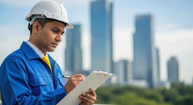 Focused male engineer in safety gear diligently checking urban construction plans on a clipboard with modern city skyline