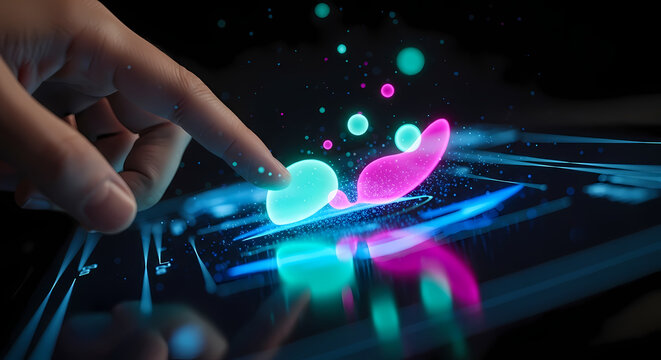 A person's finger interacts with a digital display showing vibrant, glowing pink and blue shapes, creating an interactive and visually engaging experience. - Powered by Adobe