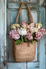 A straw bag with pastel pink and white flowers on top of an old door