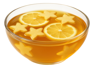 Wide glass bowl with warm honey-lemon brew, surface adorned with star-shaped ginger pieces