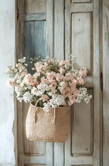 A straw bag with pastel pink and white flowers on top of an old door