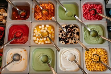 Assorted dessert toppings in buffet containers with metal ladles top view