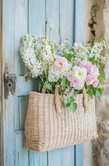 A straw bag with pastel pink and white flowers on top of an old door