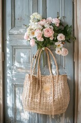 A straw bag with pastel pink and white flowers on top of an old door