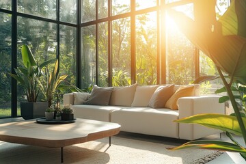 A stylish modern living room with large windows