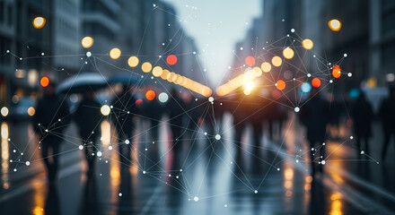 A blurred street scene depicts pedestrians walking in the rain with an overlay of digital network connections, symbolizing modern urban connectivity.
