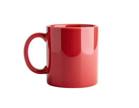 A Shiny Red Ceramic Coffee Mug with a Handle Isolated on a Black Background Under Studio Lighting