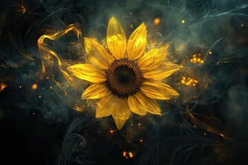 A sunflower made of swirling smoke, creating an ethereal and mysterious atmosphere