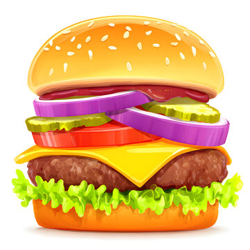 Ilustraci&oacute;n colorida de hamburguesa con queso, vegetales y pan de s&eacute;samo