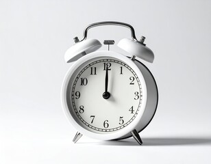 White alarm clock, face forward, showing 12 o'clock