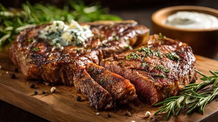 Close Up Shot Of Grilled Steak On Wooden Board With Rosemary And White Sauce
