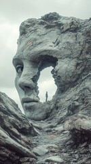 A surreal digital artwork portraying an ancient stone head with the face carved into it