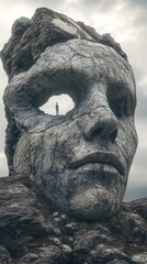 A surreal digital artwork portraying an ancient stone head with the face carved into it
