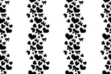 Bold monochromatic seamless vector pattern of dense black vertical heart and bow stripes, ideal for modern apparel design, decorative trim or Valentine's paper.