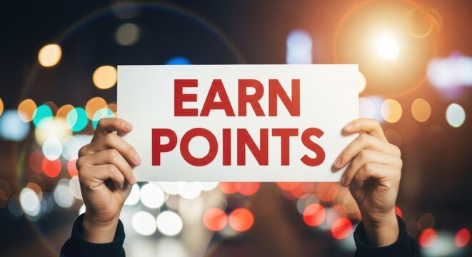 Hands hold sign promoting earning points with bokeh lights in background
