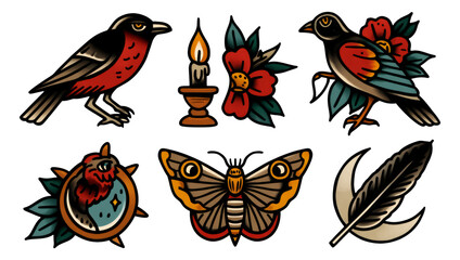 Obraz premium Colorful Vintage Illustrations of Birds, Candle, Flowers, and Symbols on Transparent Background