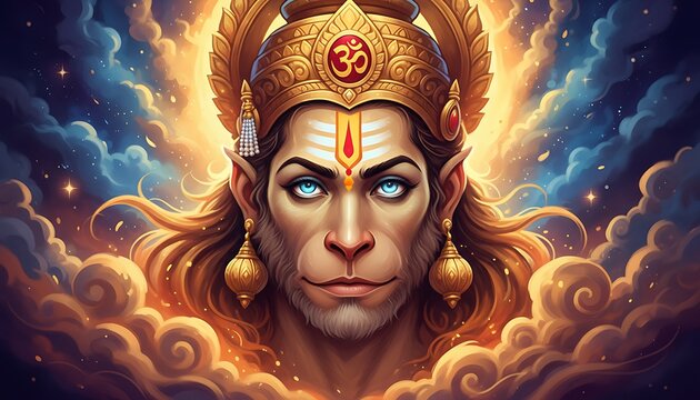 Digital painting depicts a celestial being with a monkey-like face, adorned with a crown and halo against a vibrant, glowing background
