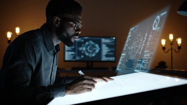 Engineer traces hologram interface on touchscreen. Man now studies digital design on display. Designer adjusts computer blueprint with stylus. Futuristic technology workspace glows in dim low light.