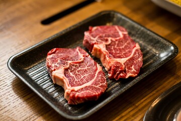 Fototapeta premium Freshly sliced raw beef meat displayed on white trays in food market