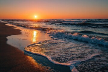 Ocean Waves Crashing On Sandy Beach During Sunset Showing Golden Sunlight Reflection and Horizon in Evening