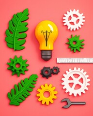 Sustainability Innovation: Green Leaves, Lightbulb, Gears, and Tools on Coral Background