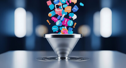 A conceptual digital illustration depicting social media icons and emoticons being filtered through a funnel, symbolizing information processing and digital communication.