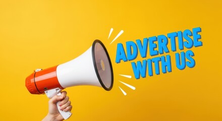 Megaphone announcing advertise with us on a bright yellow background