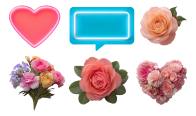 Colorful Heart and Floral Collection with Neon Elements on Transparent Background