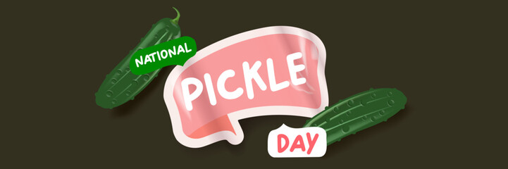 National Pickle day horizontal banner design template with text and pickled cucumbers isolated on grey geometric pattern background. Pickle day flyer. 14 november national day of pickled cucumber